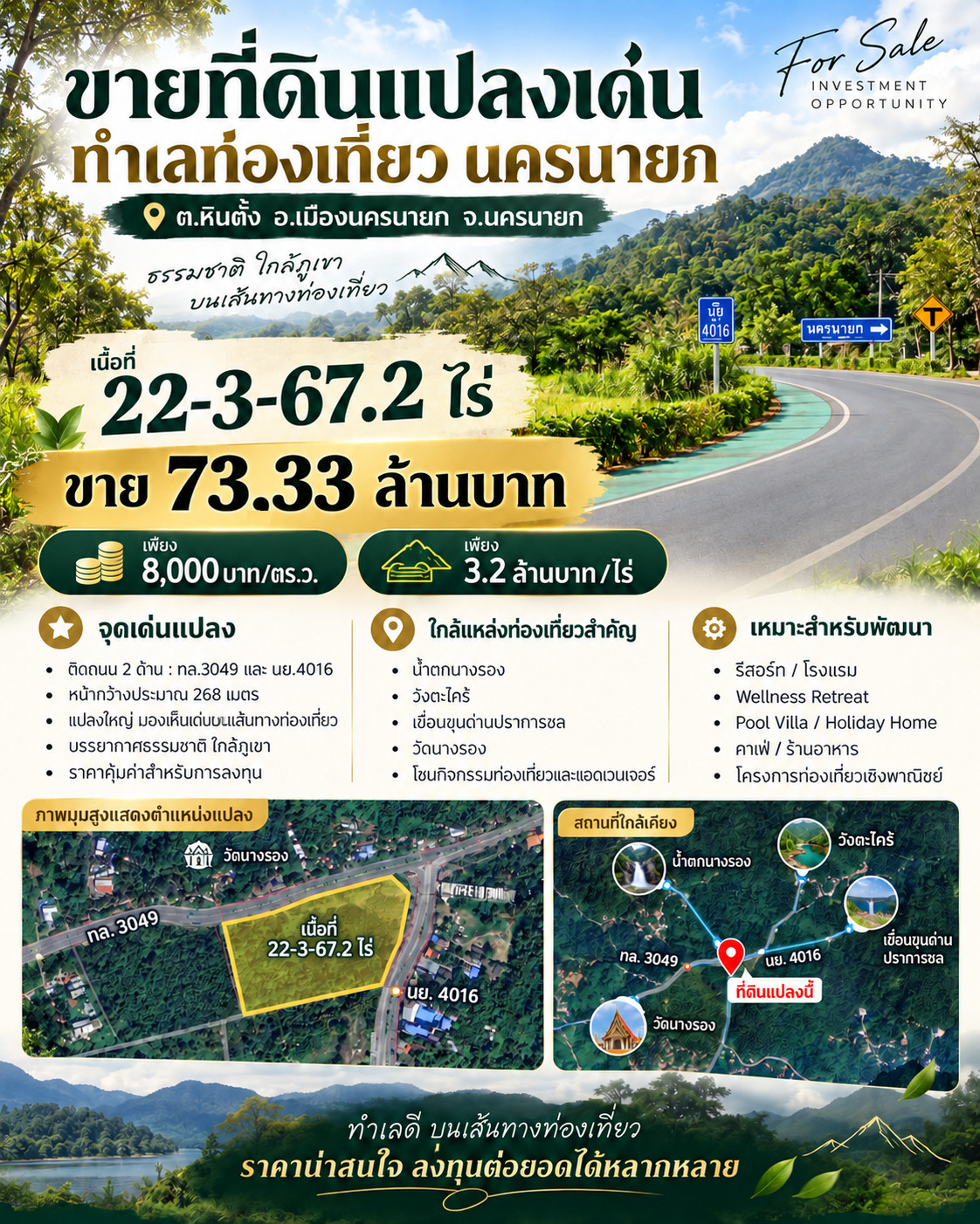 Prime 22-3-67.2 Rai Land for Sale, Dual Road Frontage on Highway 3049 & 4016, Near Nang Rong Waterfall, Nakhon Nayok, Only THB 3.2 MB/Rai