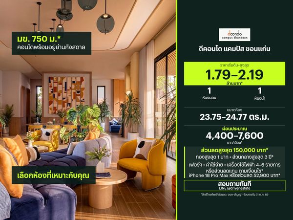 ขายคอนโด ดีคอนโด แคมปัส ขอนแก่น 23.75–24.77 ตร.ม.