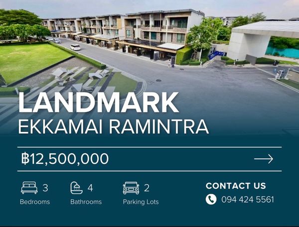 Luxury townhome for sale along Ramintra Expressway, Landmark Ekkkamai Ramintra, 3 bedrooms, 2 parking spaces, has skyhall penthouse, airy through 3 floors, suitable for a home office.