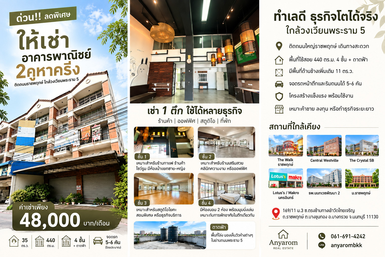 ให้เช่าอาคารพาณิชย์ 2 คูหาครึ่ง ทำเลถนนราชพฤกษ์ ใกล้วงเวียนพระราม 5