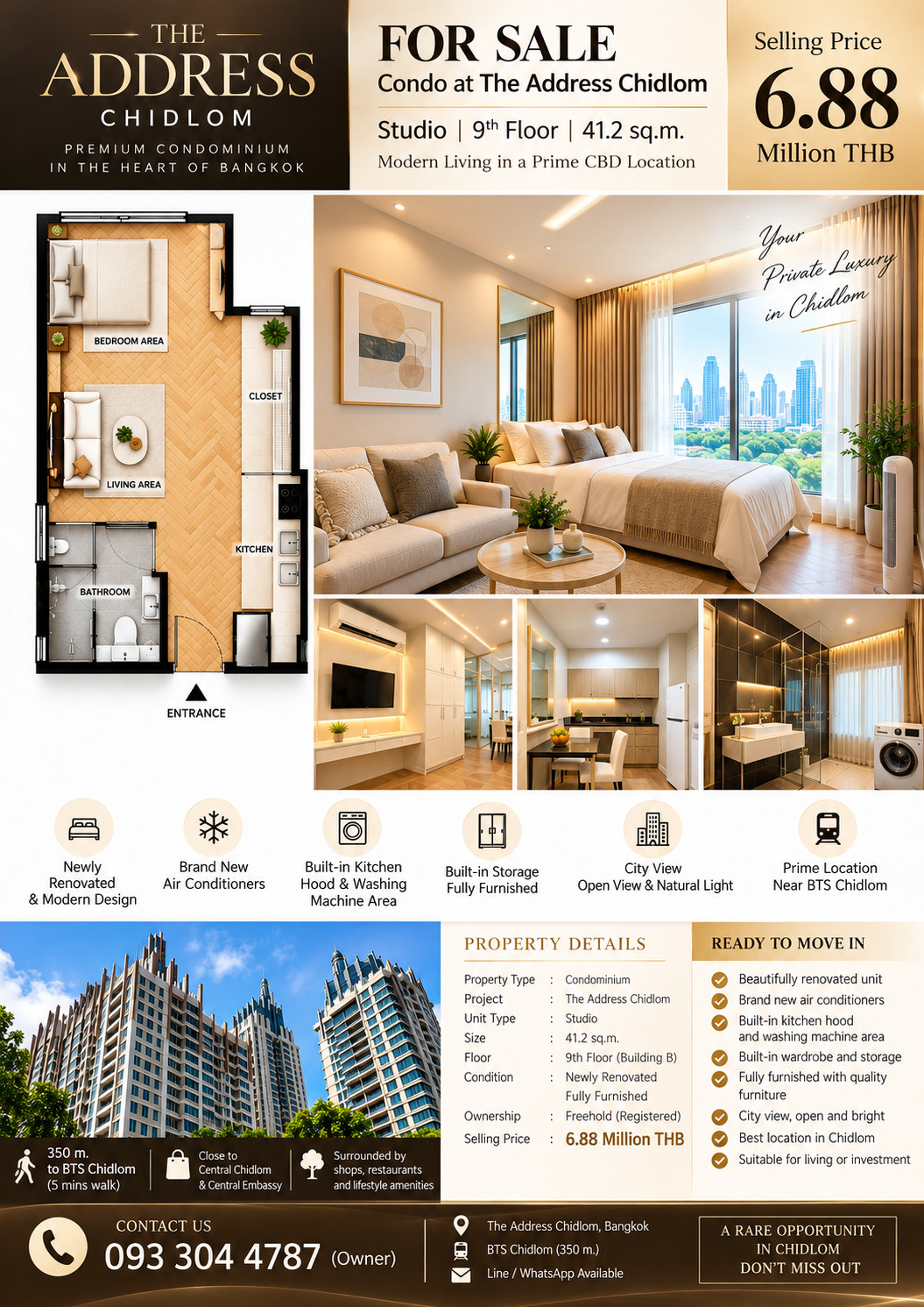 Condo for sale, The Address Chidlom, 42 sq m, newly decorated, ready to move in.