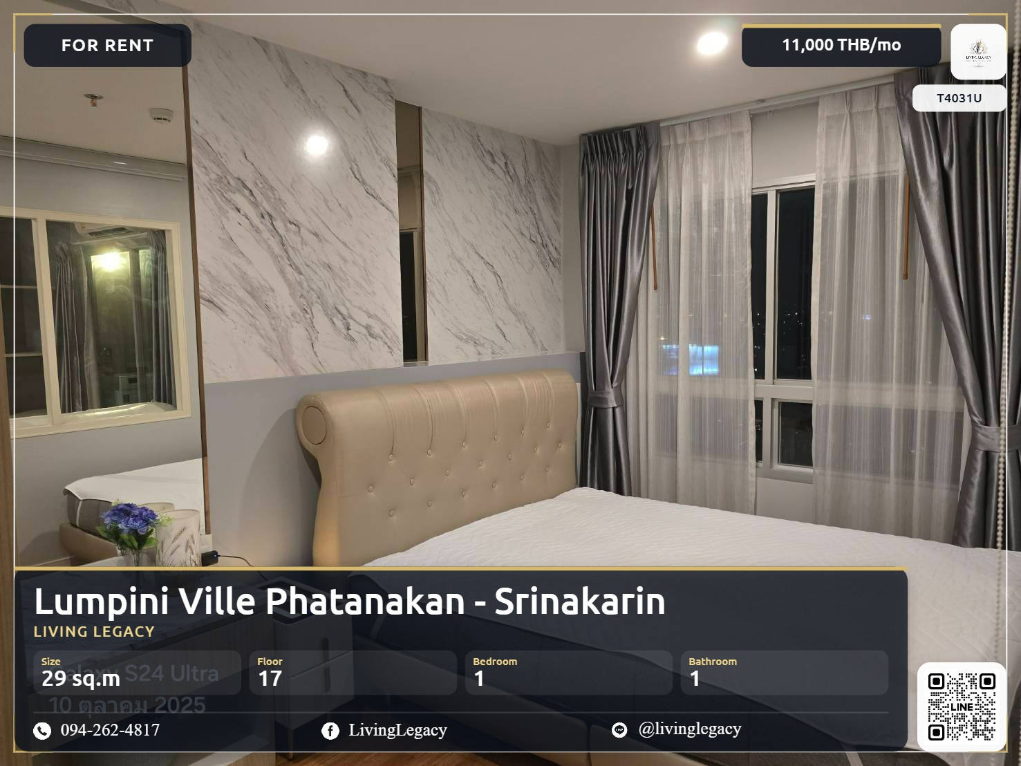 T4031U เช่าด่วน คอนโด Lumpini Ville Phatanakan - Srinakarin 29 ตร.ม. | ชั้น 17 | 1 ห้องนอน | 1 ห้องน้ำ 11,000 บาท/เดือน line id : @livinglegacy T4031U เช่าด่วน คอนโด Lumpini Ville Phatanakan - Srinakarin 29 ตร.ม. | ชั้น 17 | 1 ห้องนอน | 1 ห้องน้ำ 11,000 บาท/เดือน line id : @livinglegacy