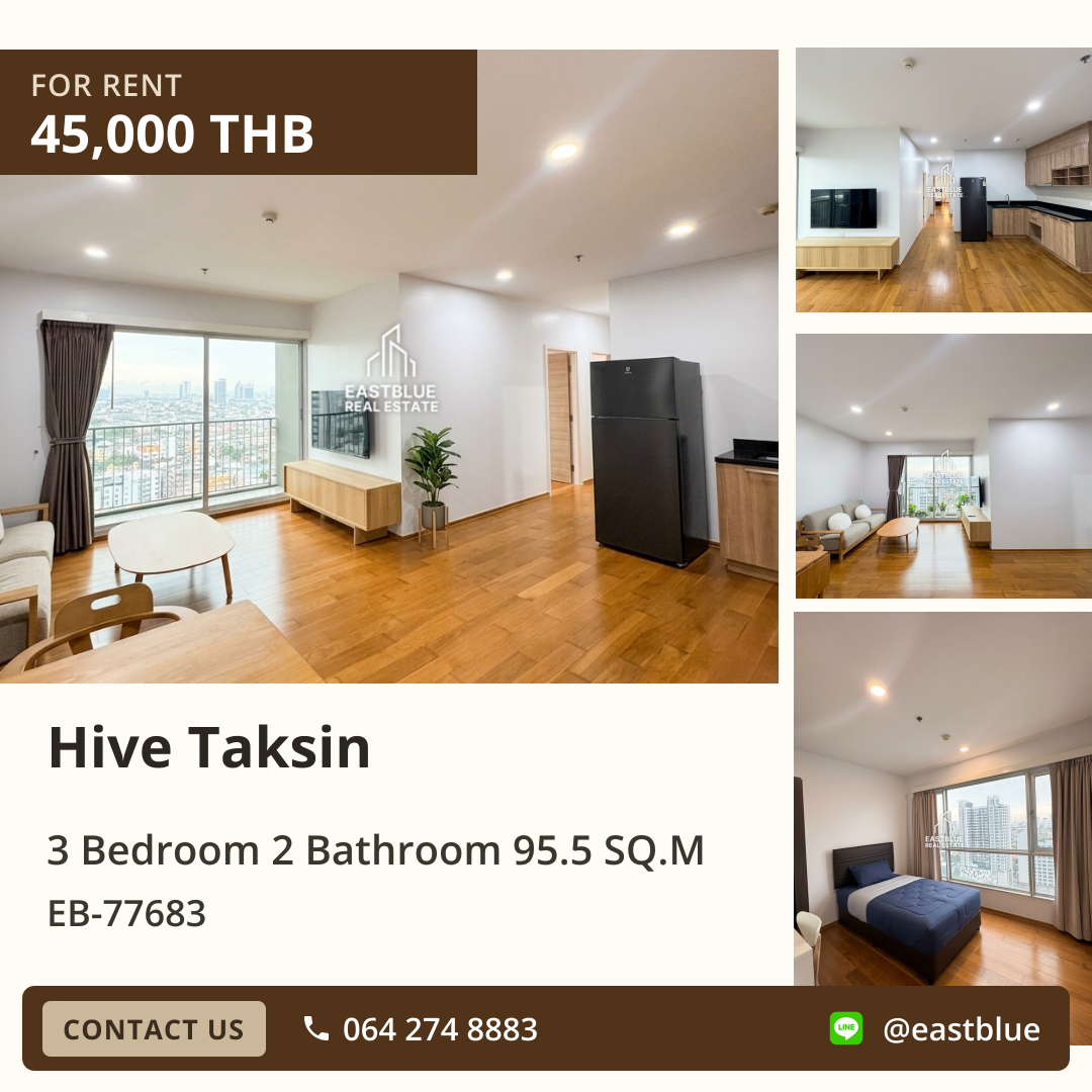For Rent: Hive Taksin 3 Bed 95.5 sqm near BTS Wongwian Yai 45,000 THB/month