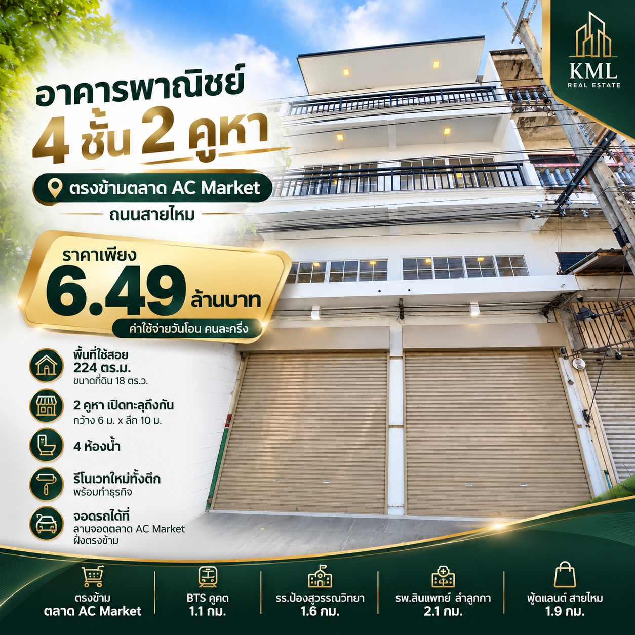 🛒🏬 ตรงข้ามตลาด AC Market ติดถนนสายไหม อาคารพาณิชย์ 4 ชั้น 2 คูหา รีโนเวทใหม่ทั้งตึก