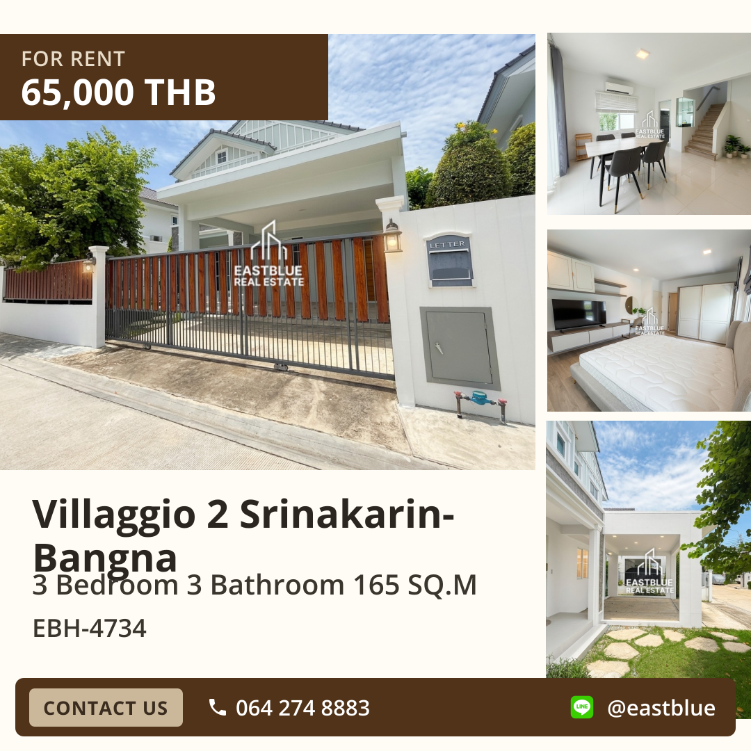 For Rent: Villaggio 2 Srinakarin-Bangna 3 Bed 165 sqm 65,000 THB/month For Rent: Villaggio 2 Srinakarin-Bangna 3 Bed 165 sqm 65,000 THB/month