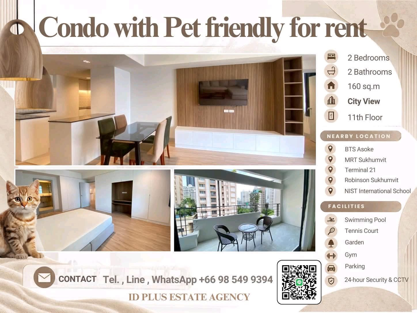Condo with Pet friendly for Rent 🐈 2 bedrooms 2 bathrooms for 160 sq.m City View On 11th floor. fully furnished and electrical appliances. Walk 5 mins. To BTS Asoke. Rental Only for 85,000 / M. Condo with Pet friendly for Rent 🐈 2 bedrooms 2 bathrooms for 160 sq.m City View On 11th floor. fully furnished and electrical appliances. Walk 5 mins. To BTS Asoke. Rental Only for 85,000 / M.
