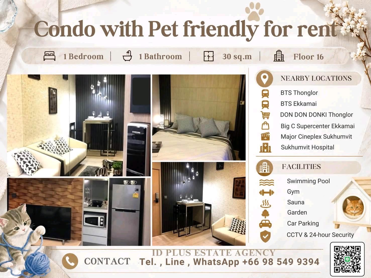 Condo with Pet friendly for Sale/Rent 🐈 1 bedroom 1 bathroom for 30 sq.m On 16th floor. fully furnished and electrical appliances. Walk 9 mins. To The Commons Thonglor. Sale Only for 7.5MB. / Rental Only for 25,000 / M. Condo with Pet friendly for Sale/Rent 🐈 1 bedroom 1 bathroom for 30 sq.m On 16th floor. fully furnished and electrical appliances. Walk 9 mins. To The Commons Thonglor. Sale Only for 7.5MB. / Rental Only for 25,000 / M.