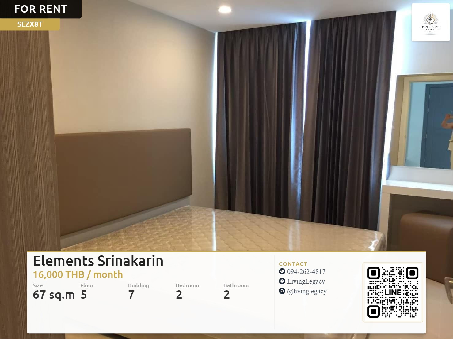 SEZX8T Urgent rent Condo Elements Srinakarin 67 sq m. | 5th floor | 2 bedrooms | 2 bathrooms 16,000 baht/month line id : @livinglegacy