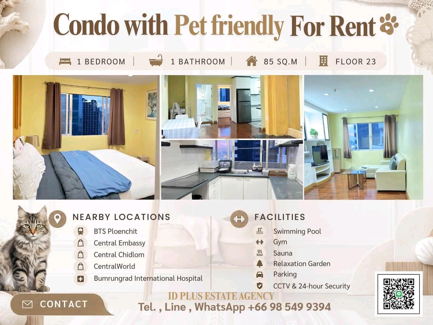 Condo with Pet friendly for Rent 🐈 1 bedroom 1 bathroom for 85 sq.m On 23th floor. fully furnished and electrical appliances. Walk 9 mins. To BTS Ploenchit. Rental Only for 28,000 / M. Condo with Pet friendly for Rent 🐈 1 bedroom 1 bathroom for 85 sq.m On 23th floor. fully furnished and electrical appliances. Walk 9 mins. To BTS Ploenchit. Rental Only for 28,000 / M.