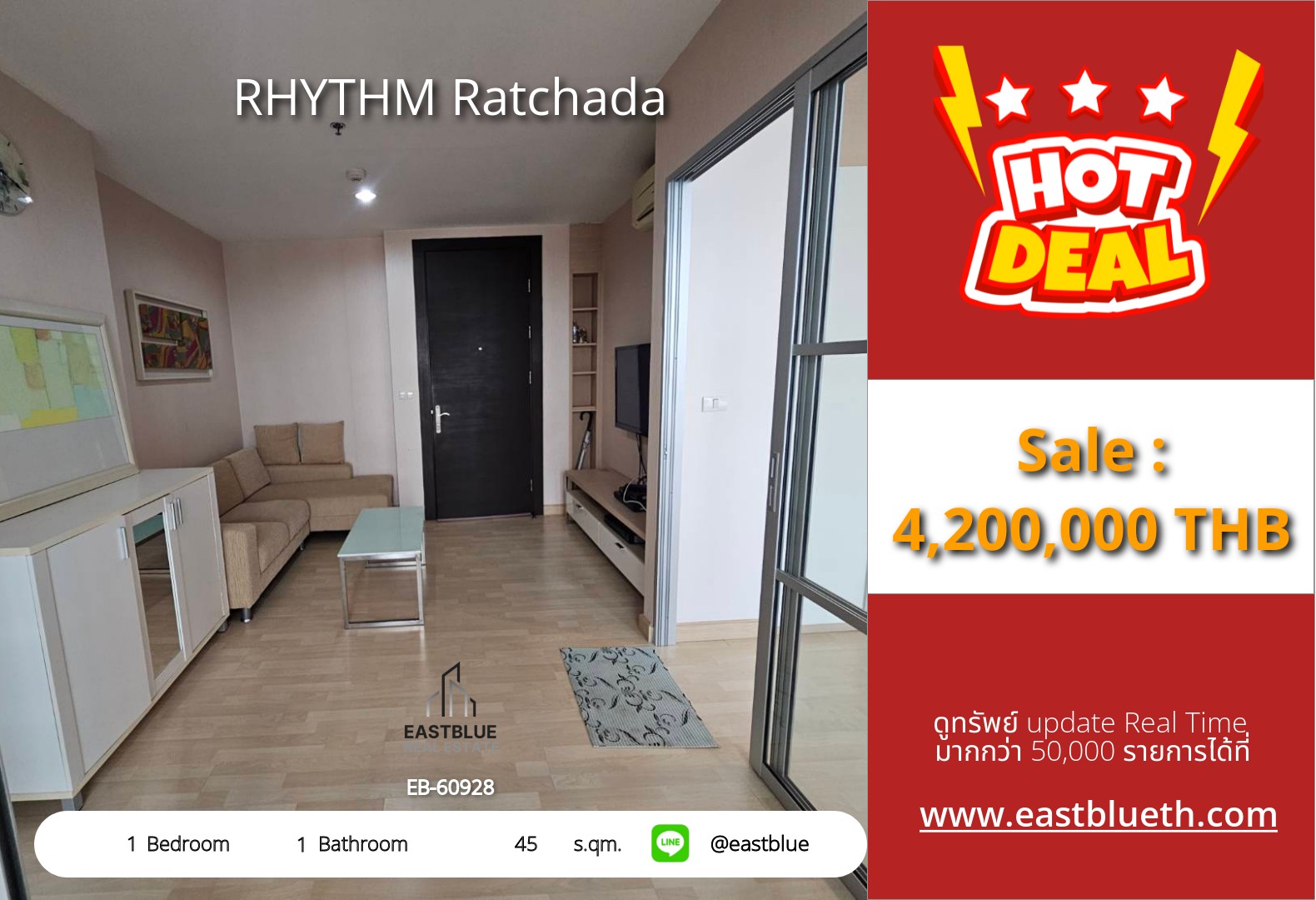 For Sale: RHYTHM Ratchada 1 Bed 45 sqm near MRT Ratchadaphisek 4.2M THB