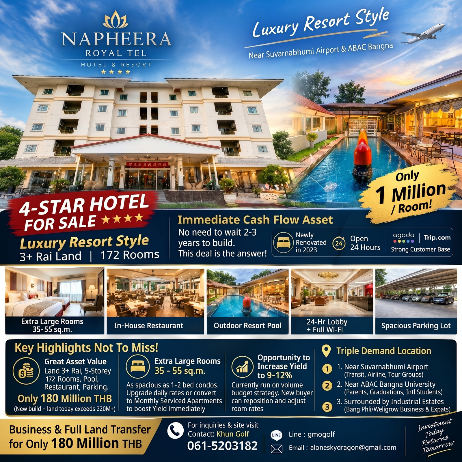 🔥 Selling 4-star hotel business, Luxury Resort style, near Suvarnabhumi Airport & ABAC Bangna!💥 Only 1.05 million per room! (172 large rooms + 3+ rai of land) Cheaper than building a new one by tens of millions!