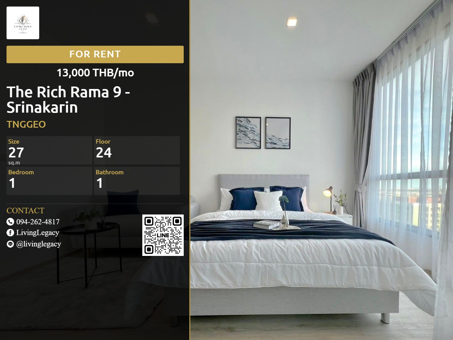 TNGGEO เช่าด่วน คอนโด The Rich Rama 9 - Srinakarin 27 ตร.ม. | ชั้น 24 | 1 ห้องนอน | 1 ห้องน้ำ 13,000 บาท/เดือน line id : @livinglegacy