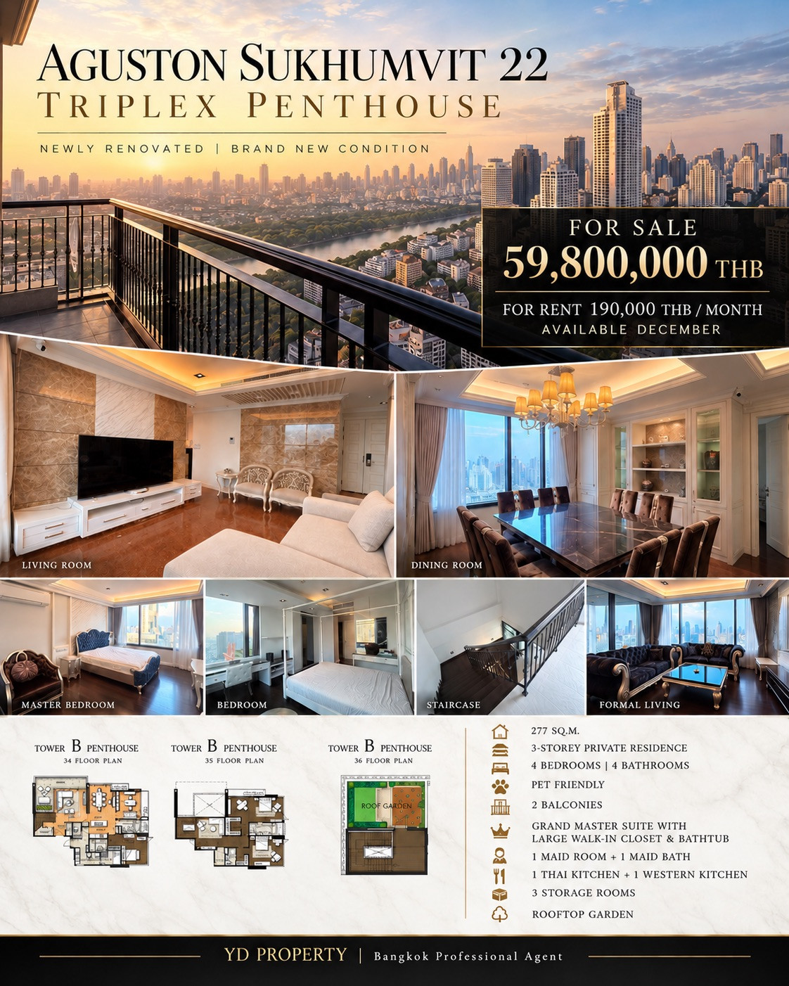 Sale/Rent Aguston Sukhumvit 22 Luxury Triplex Penthouse 277 sqm 4BR Renovated YD