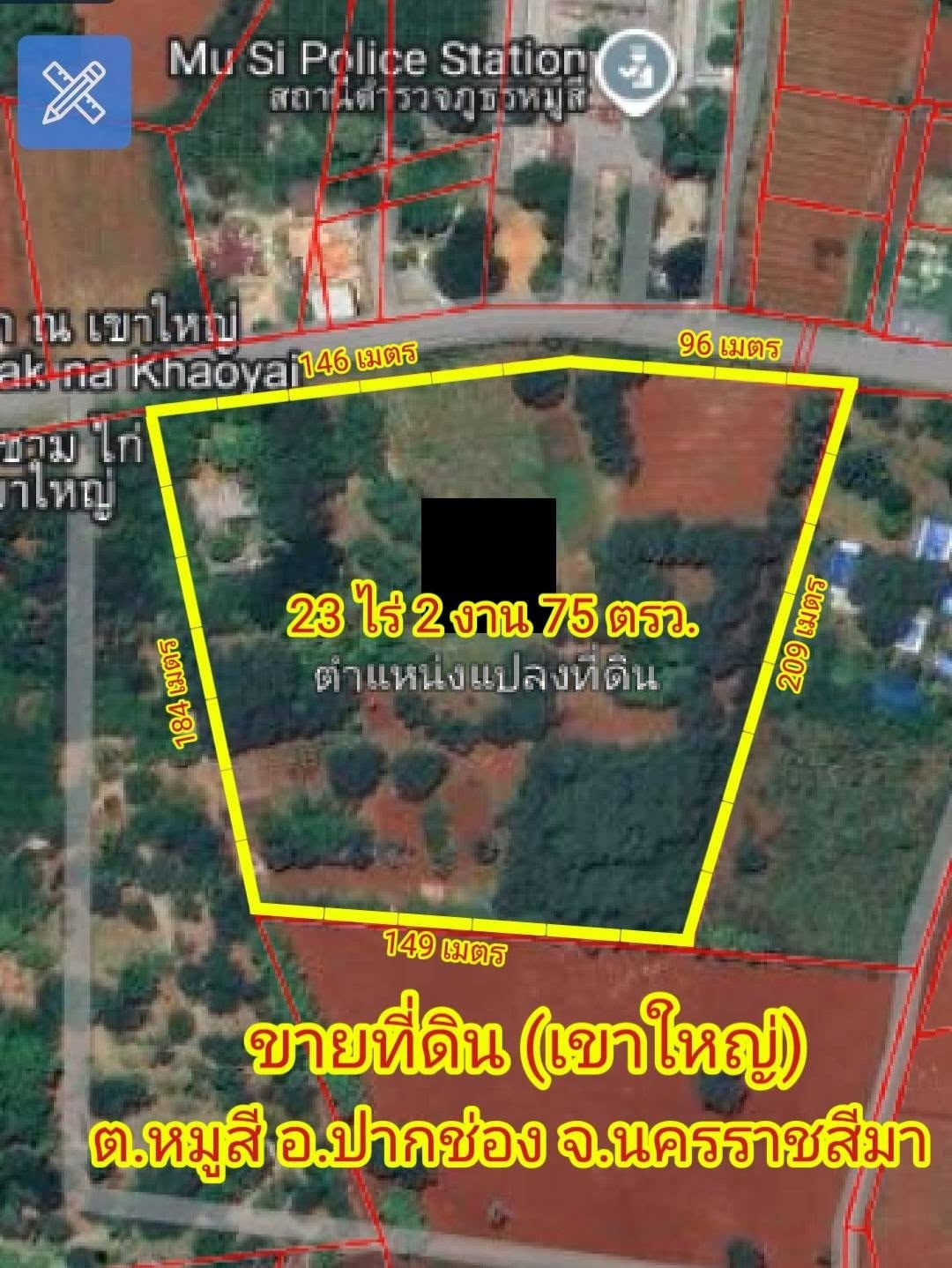 Land for sale in Khao Yai, beautiful plot, very outstanding location, area 23 rai 2 ngan 75 sq m. Selling price 210 million baht, prime location, Moo Si Subdistrict, Pak Chong District, Nakhon Ratchasima Province, road frontage approximately 250 meters.