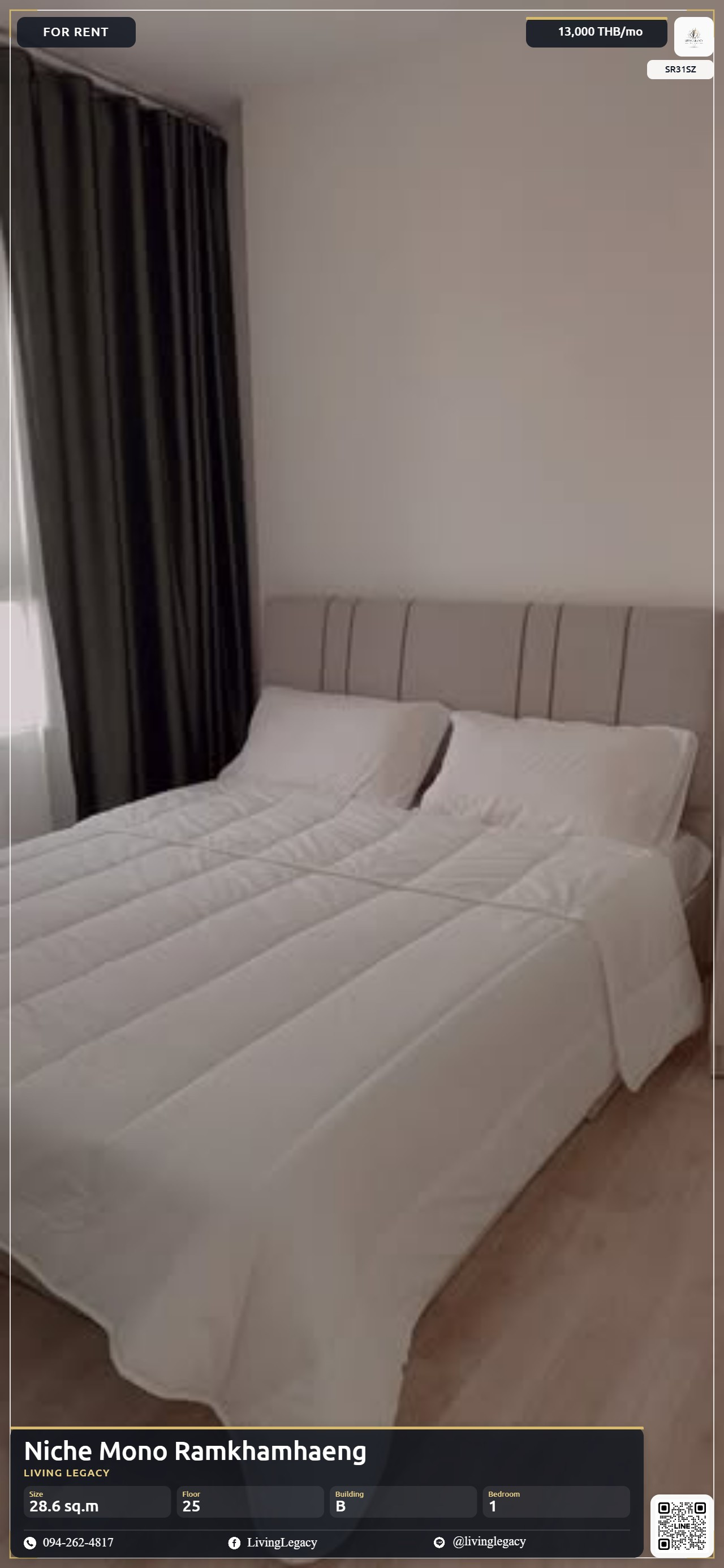 SR31SZ Urgent rent, Condo Niche Mono Ramkhamhaeng 28.6 sq m. | 25th floor | 1 bedroom | 1 bathroom 13,000 baht/month line id : @livinglegacy