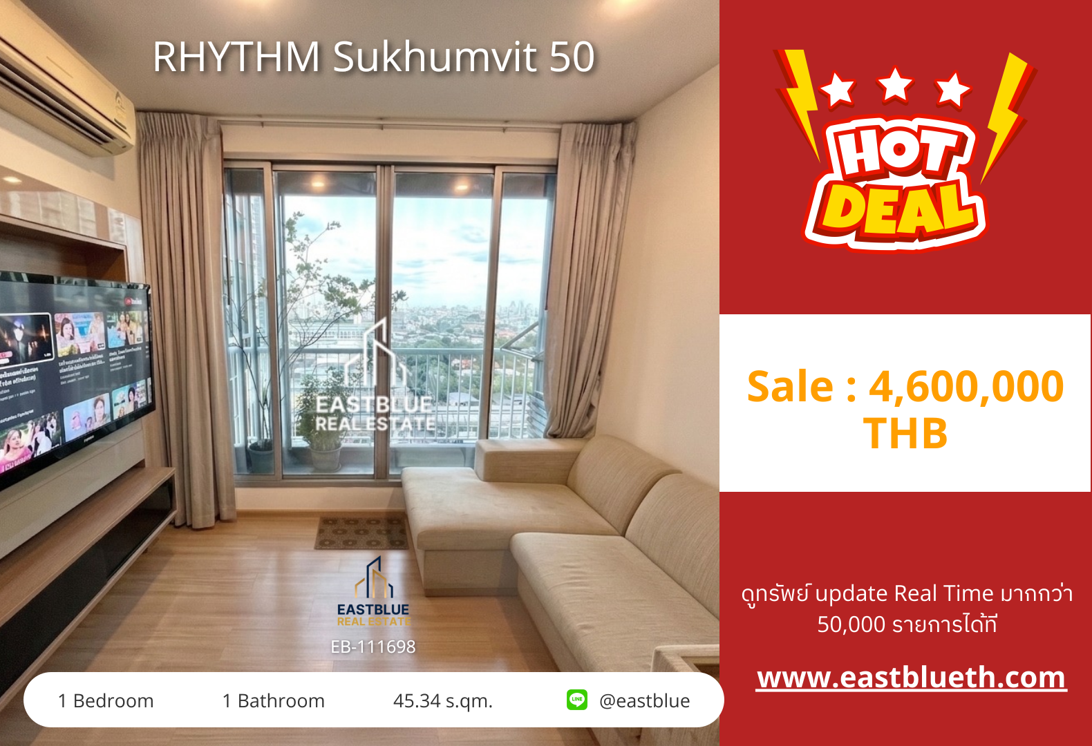 For Sale: RHYTHM Sukhumvit 50 1 Bed 45.34 sqm near BTS On Nut 4.6M THB