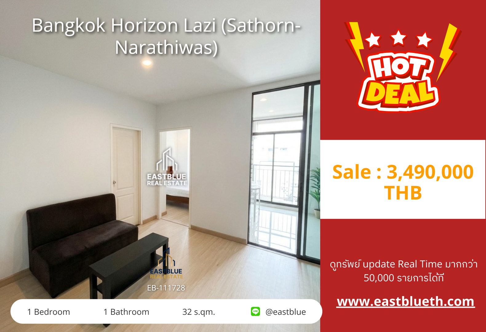 For Sale: Bangkok Horizon Lazi (Sathorn-Narathiwas) 1 Bed 32 sqm near BTS Chong Nonsi 3.49M THB