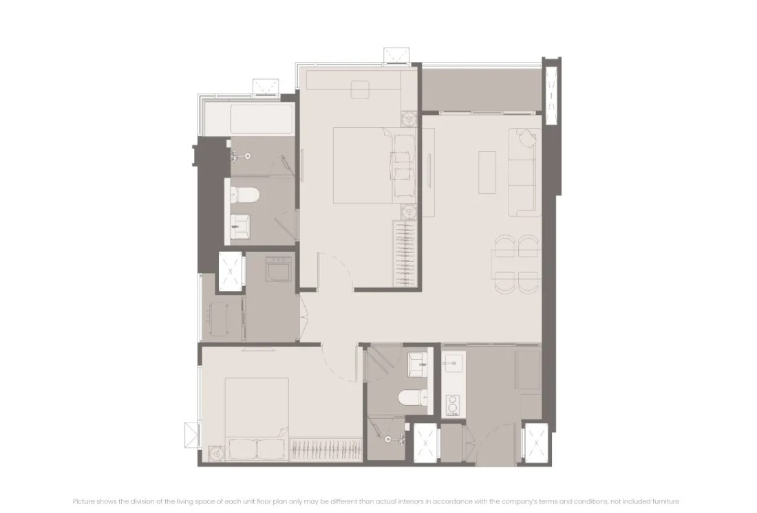 RHYTHM Charoen Nakhon Iconic 2 bedrooms, corner room Every room has a balcony and the kitchen is closed.
