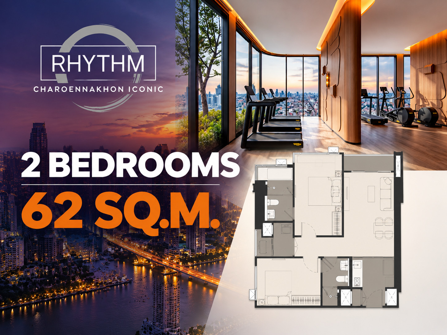 Rhythm เจริญนคร ไอคอนิค 2 นอน 2 ห้องน้ำ ใกล้ไอคอน รถไฟฟ้าสายสีทอง 