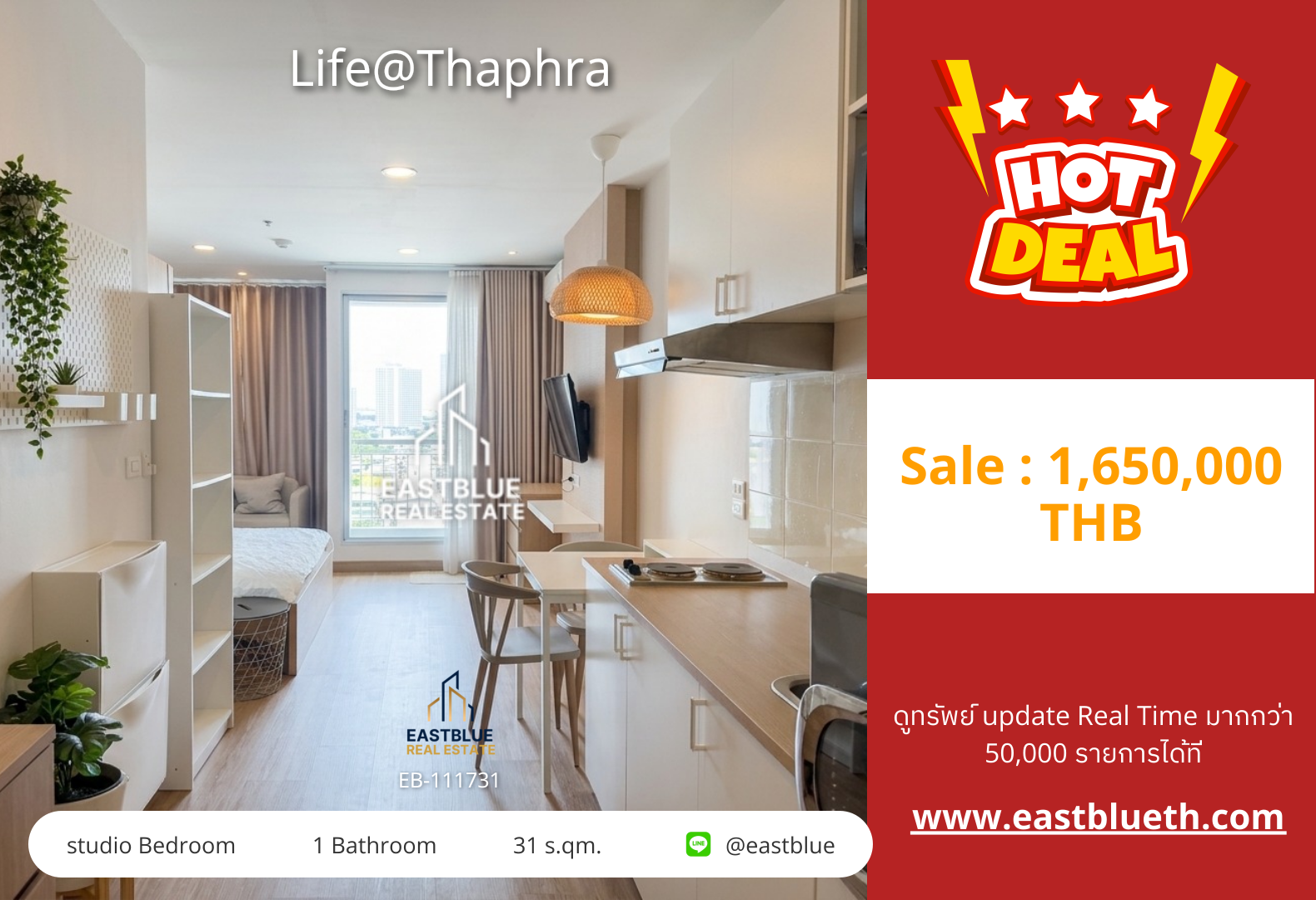 For Sale: Life@Thaphra Studio 31 sqm near BTS Talat Phlu 1.65M THB