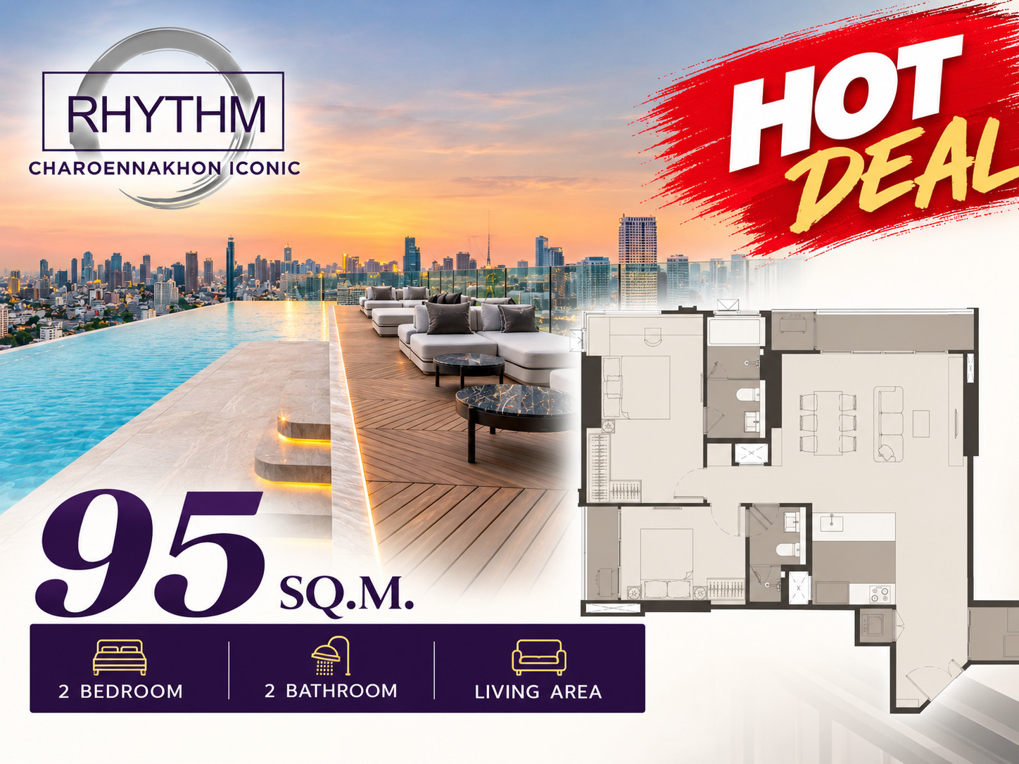 Rhythm Charoennakhon Iconic 95 ตรม ห้องใหญ่ ห้องนั่งเล่นกว้าง 