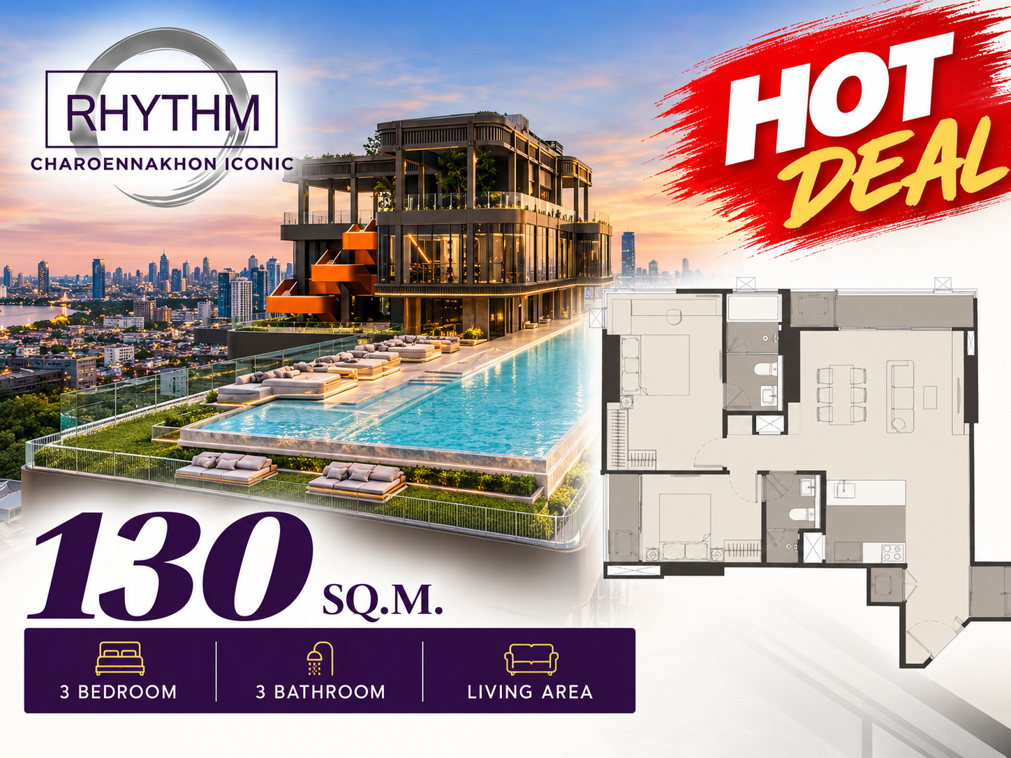 Rhythm Charoennakhon Iconic 3 ห้องนอน พร้อมห้องแม่บ้าน  ห้องขนาดใหญ่